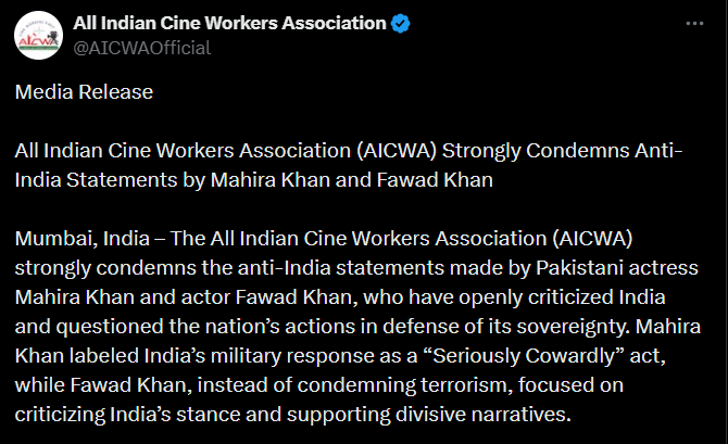 You are currently viewing भारत विरोधी बयान देने पर AICWA का फवाद-माहिरा पर फूटा गुस्सा, कहा – देश से बढ़कर कुछ नहीं; भारतीय सेना की स्ट्राइक को ‘कायरता’ कहने पर AICWA ने पाक कलाकारों को सुनाई खरी-खोटी!