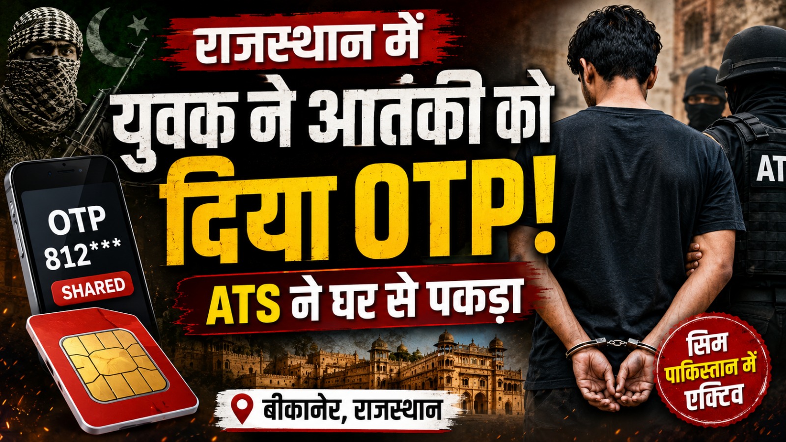 You are currently viewing राजस्थान में पाकिस्तानी आतंकी नेटवर्क से जुड़ा युवक गिरफ्तार: भारतीय सिम का OTP साझा करने के बाद ATS ने घर से उठाया